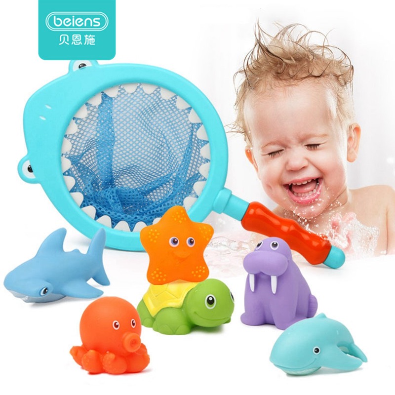 Brinquedos de banho 7 pçs para crianças brinquedos de praia para crianças brinquedos de água brinquedos de borracha macia animais de água brinquedos para banho de chuveiro de bebê tubarão