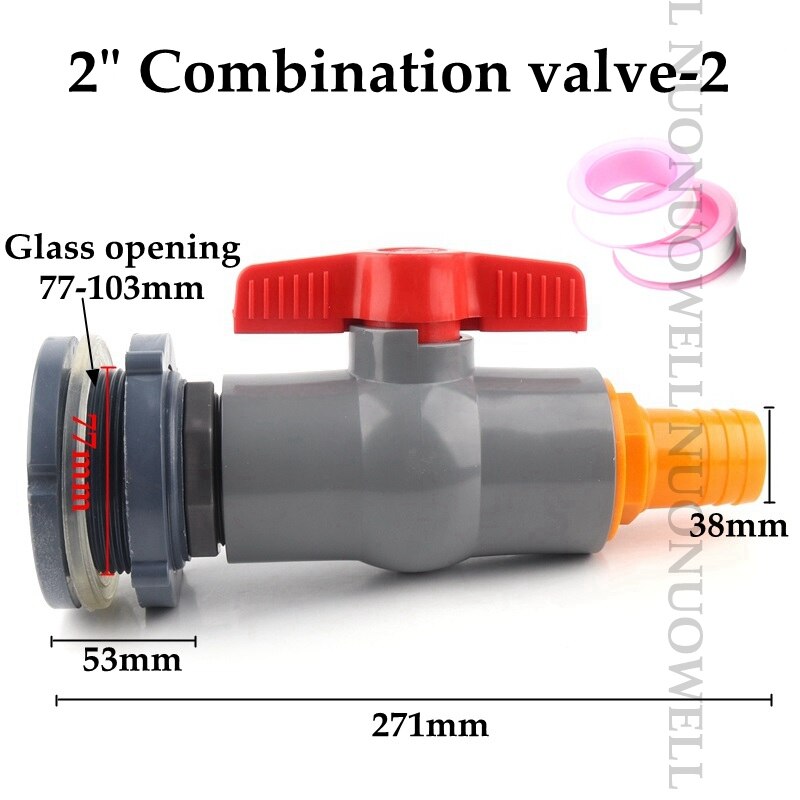 1Set 1/2"1" Combination Valve Aquarium Pagoda Connector Fish Tank Drain Joint Aquarium Hose Drainage Accessories Valve Assembly: 2in vavle 2