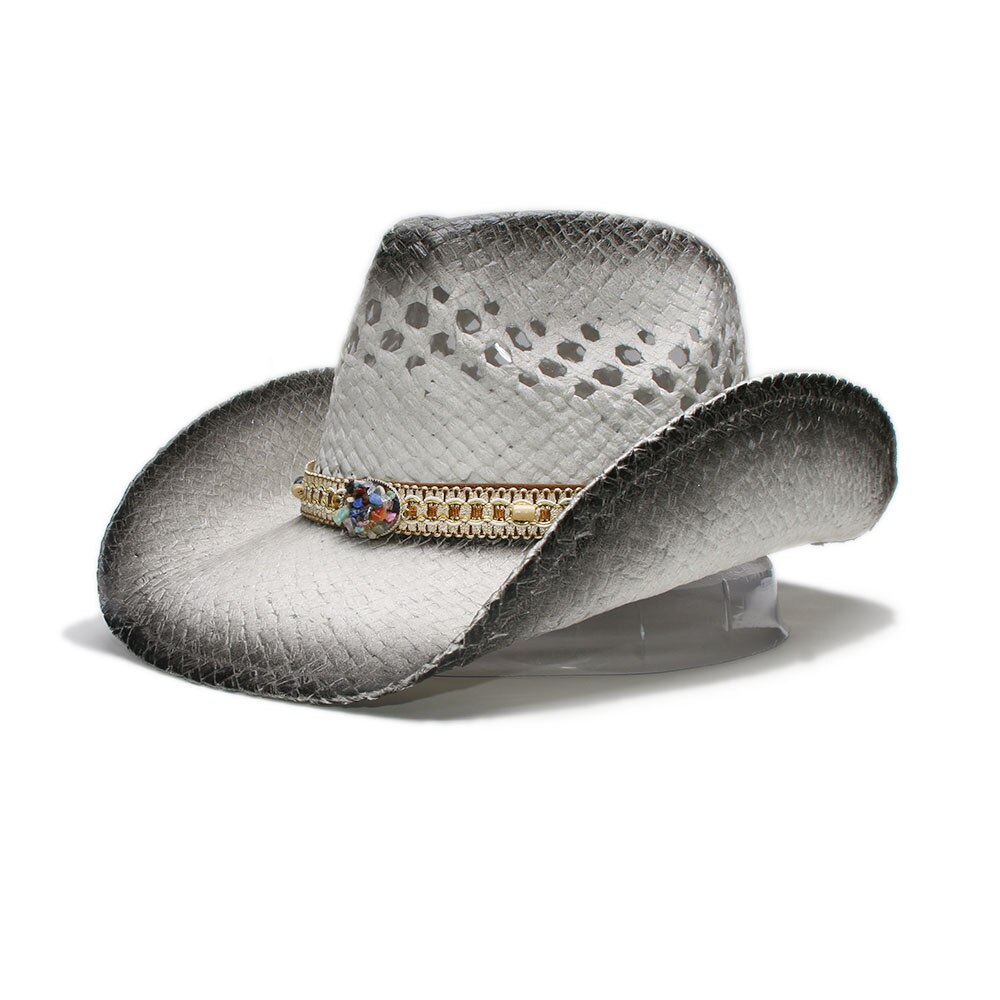 Sombrero de rafia estilo bohemio para mujer, sombrero de paja de rafia con ala ancha hueca para playa, vaquero, vaquera, banda de punto de piedra en color negro (58cm): Default Title