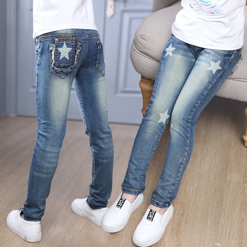 Jenter jeans slim kids jean for jente star elastisk midje småbarn tenåring barn bukse småbarnsbukse