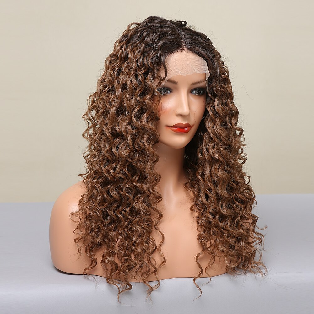 LOUIS FERRE – perruque Lace Front Wig synthétique brun ombré 13*1 T, perruque mi-longue, Deep Curly, résistante à la chaleur pour femmes claires