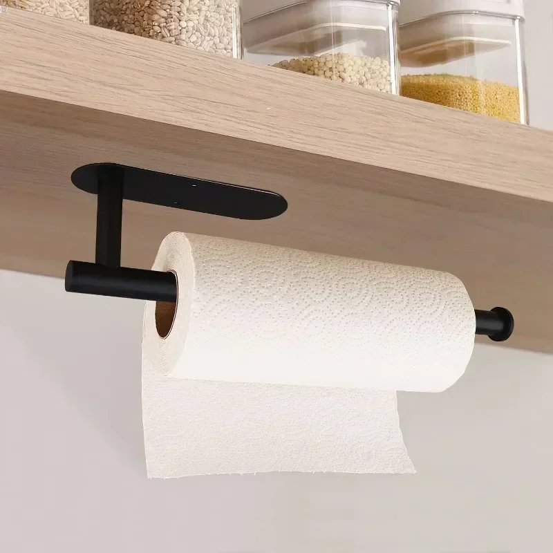 Paper Towel Holder Under Cabinet Wall Mount Stainless Steel Black Kitchen Paper Towel Rack Bathroom Self Adhesive No Drilling