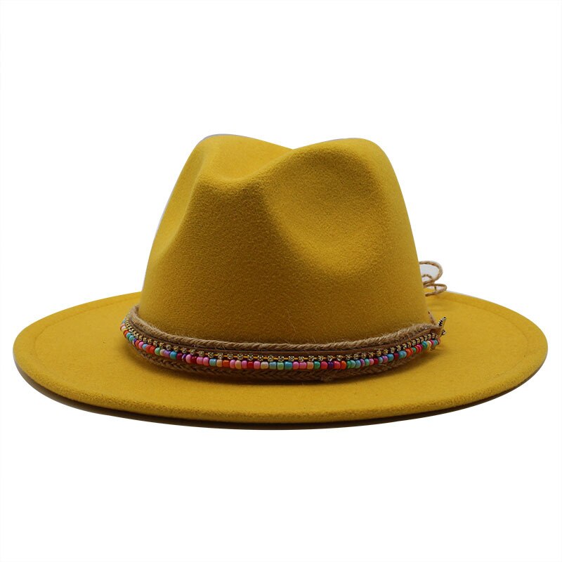 Simple Wool Vintage Fedora Hat Winter Autumn Lady Trilby Felt Hat Wide Brim Jazz Church Caps: Yellow