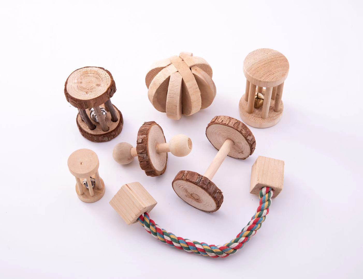 Cute Natural Wooden Pine Dumbells Roman Column Roller Chew Toys for Guinea Pigs Small Pet Molars Supplies Rabbits Hamster Toys
