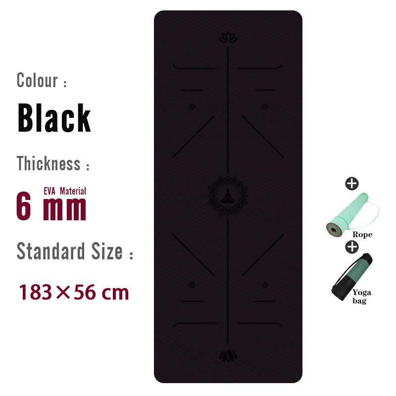 TPE Yoga Mat 6mm For Beginner Non-slip Mat Yoga Sports Exercise Pad With Position Line For Home Fitness Gymnastics Pilates Mats: Single color-Black