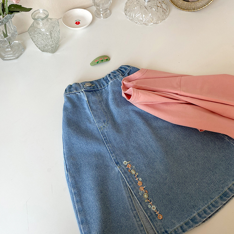 2022 Lente Kinderkleding Koreaanse Meisje Slant Knoopsluiting Geborduurd Denim Rok
