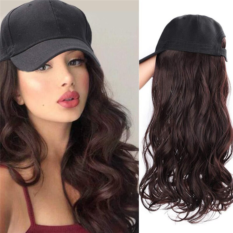 Long Synthetic Baseball Cap Hair Wig Natural Black / Brown Wavy Wigs Naturally Connect Synthetic Hat Wig Adjustable For Girl: Nature Brown