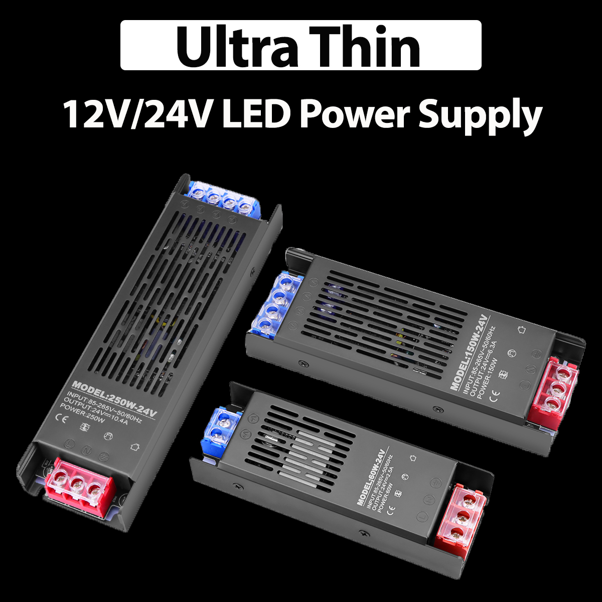 Ultradunne Voeding Adapter Driver 110V 220V naar 12V 24V Verlichtingstransformatoren 60W 150W 250W Oplader Converteert voor LED Strip