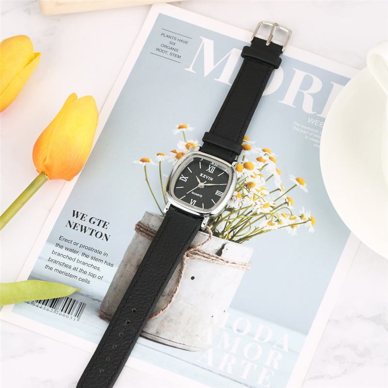 KEVIN Square Quartz Watch Couple Watches Soft Learher Strap Roman Numerals Dial Buckle Wristwatch for Men Women Relojes Pareja