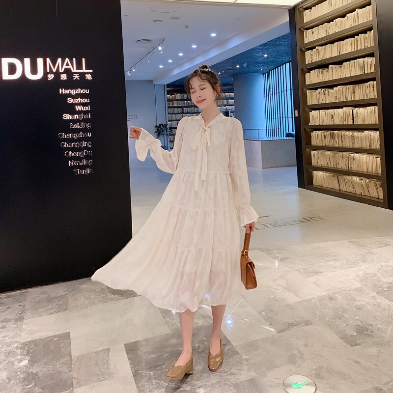 8113 Spring Korean Maternity Maxi Long Dress Plus Size Loose Clothes for Pregnant Women Sweet Long Sleeve Pregnancy