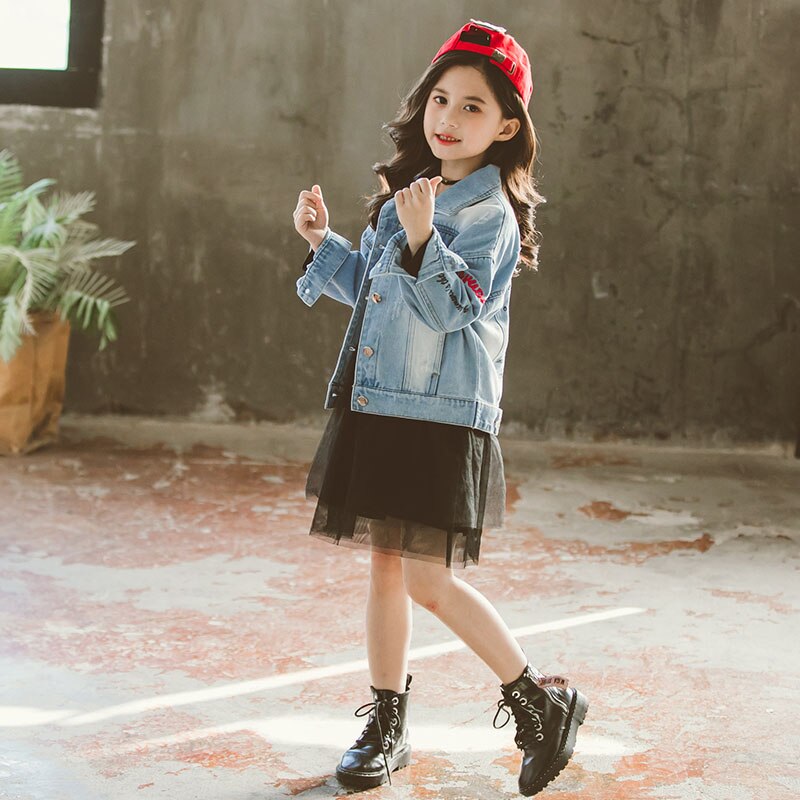 Dżinsowa kurtka dla dziewczyn 4-13 lat dzieci płaszcz dżinsowy wiosną i jesienią z powrotem haftowane litery kurtka dziewczyna płaszcze dziewczynka płaszcz