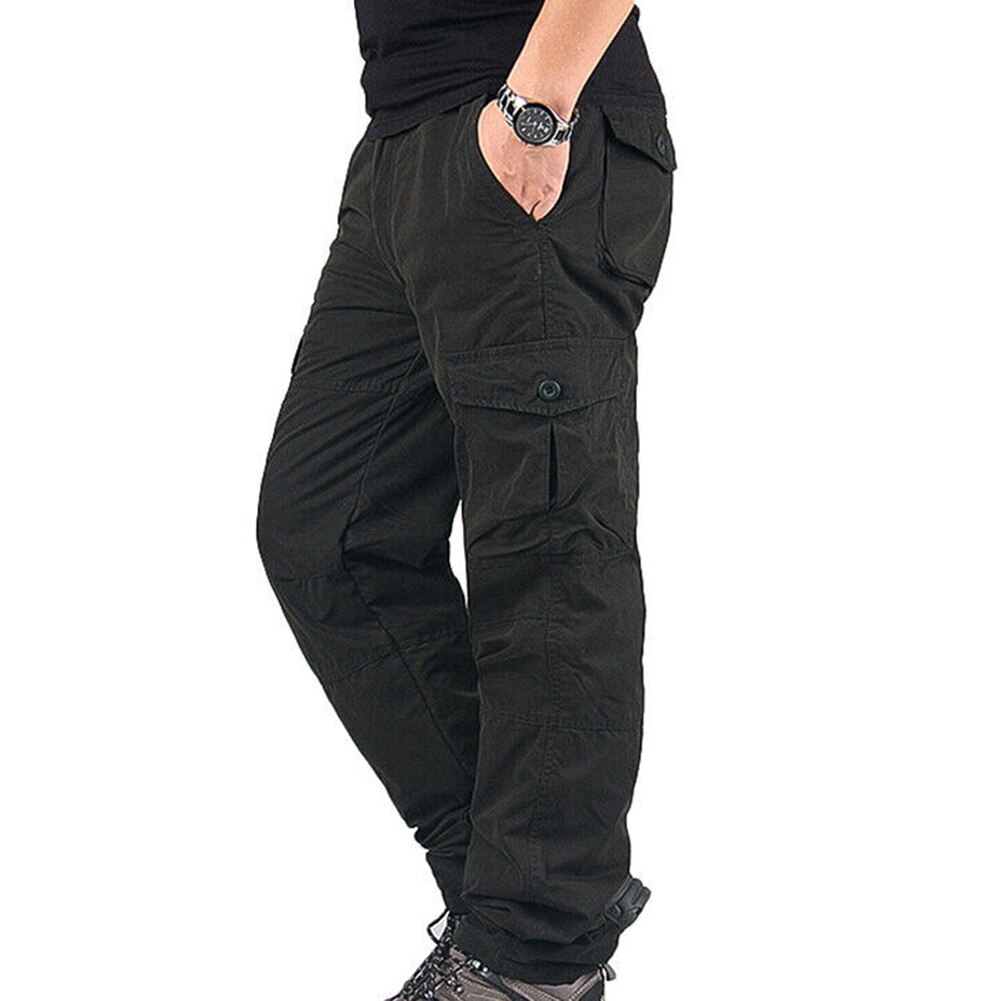 Pantalon cargo thermique chaud pour homme, vêtement de travail en hiver, avec poches, épais, pour l'extérieur: Noir / L
