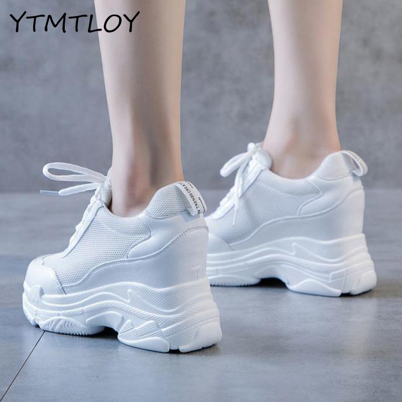 Women Wedge Platform Rubber Brogue Lace Up High heel Shoes Increasing White Silver Sneakers Zapatos De Mujer Plataforma