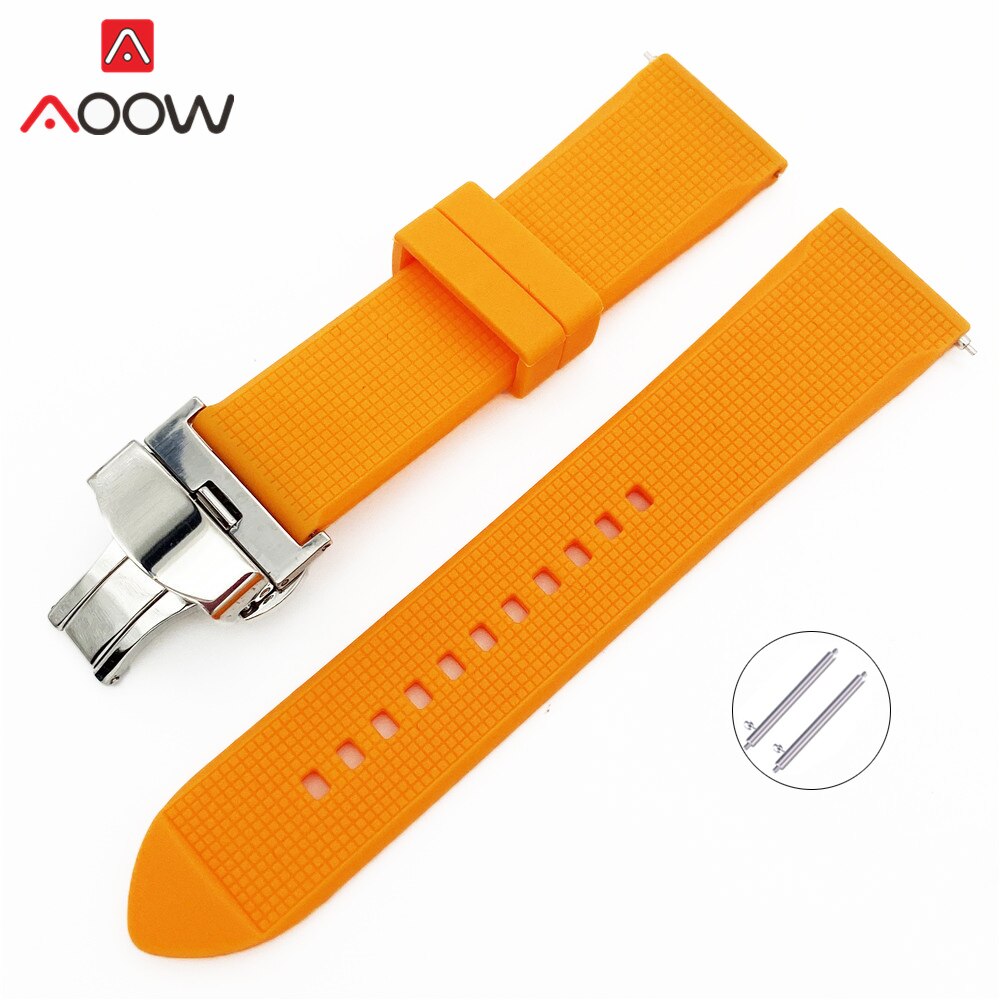 18mm 20mm 22mm Soft Silicone Strap Butterfly Deployment Buckle Quick Release Waterproof Rubber Replace Band Watch Accessories: Orange / 18mm