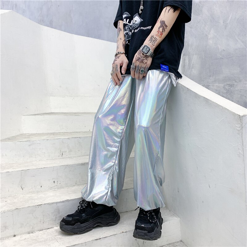 M-XXL moda solta ajuste calças punk estilo prata couro streetwear dança clube noturno gótico legal hip hop calças para homem xxl