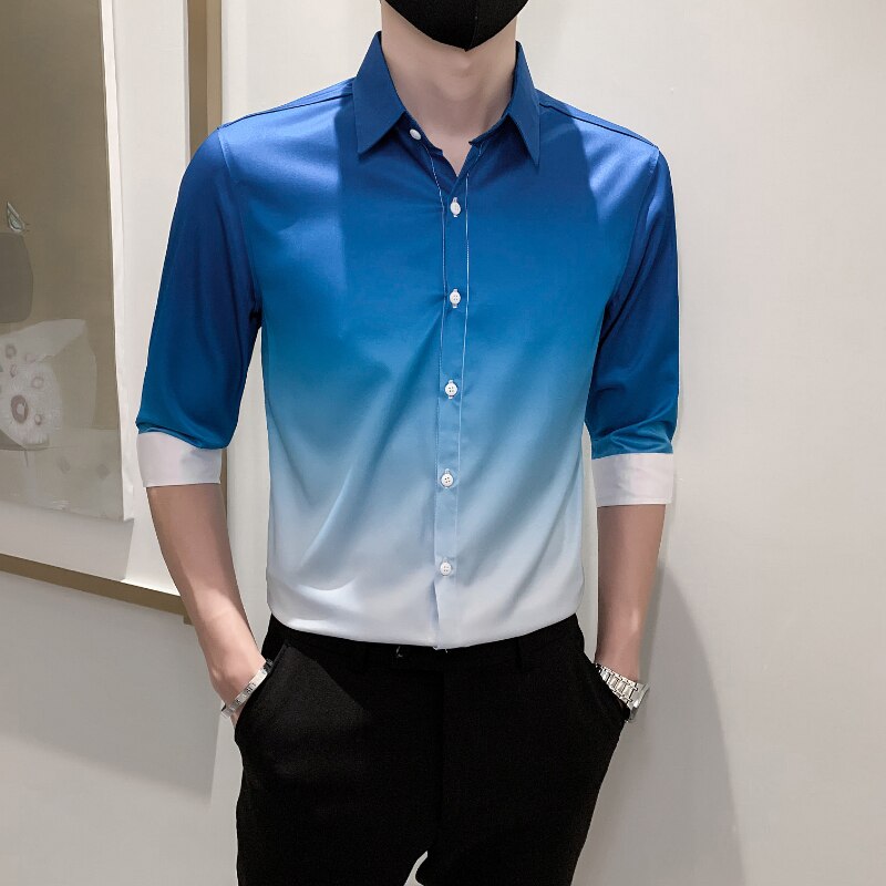 Camisa de Color degradado para hombre, ropa informal ajustada, esmoquin para baile de graduación, Media manga, 4xl-M