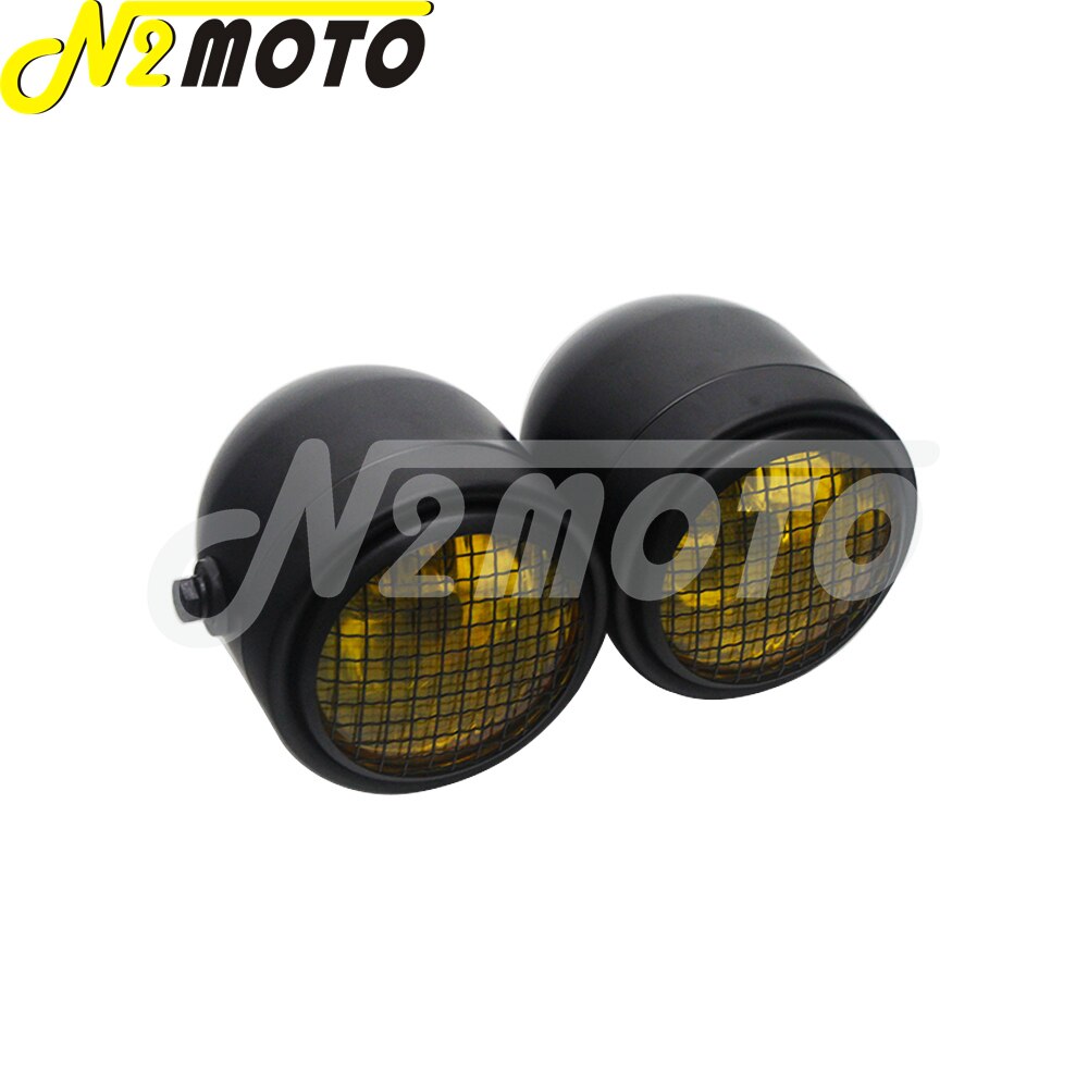 Chrome Amber Motorcycle Retro Twin Headlight Holder Fork Double Dual Head Lamp For Harley Dyna Bobber Chopper Cafe Racer Custom: B black amber
