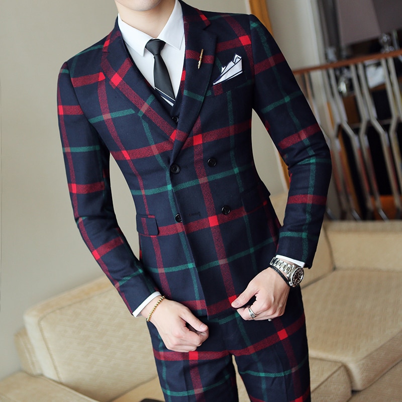 Plaid bryllup jakkesæt ternet jakkesæt mænd vintage galla fest jakkesæt mænd slim fit dobbeltradet jakkesæt jakke vest pant