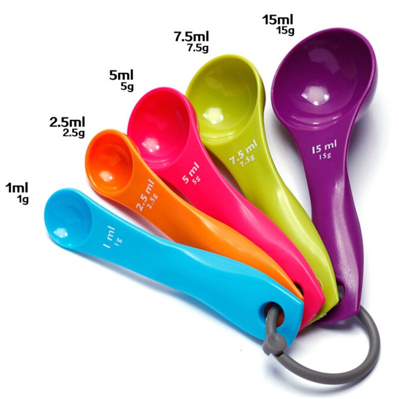 Cuillères à mesurer en plastique | Mini format, 2 échelles colorées (1/2.5/5/7.5/15) cuillère à café g/ml outils de cuisson 5 pièces/ensemble: Default Title