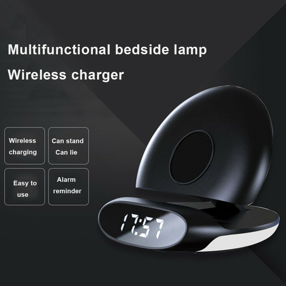 Portátil universal vertical digital led 10 w qi com despertador doca de carregamento rápido carregador sem fio suporte seguro base viagem