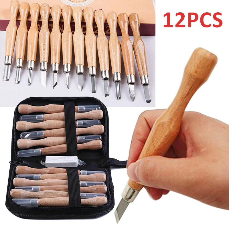 12Pcs Wood Carving Tool Set SK7 Carbon Steel Cutter Kit Wood Carving Chisel Sharpener DIY Woodworking Carpentry Carving Tools