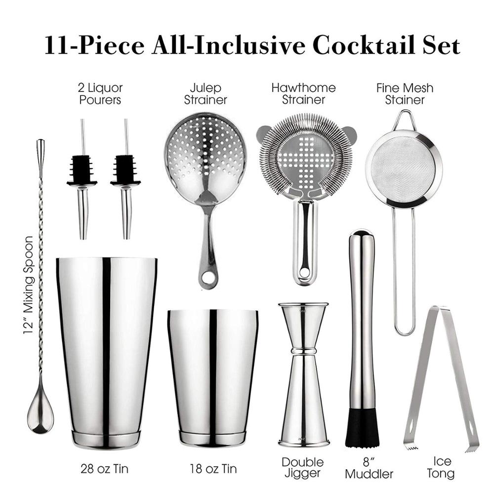 11pcs Cocktails Shakere Bar Set Cocktail Boston Shaker Barware Kit Weighted Shaker Tins Strainer Muddler Ice Tond Jigger Muddler