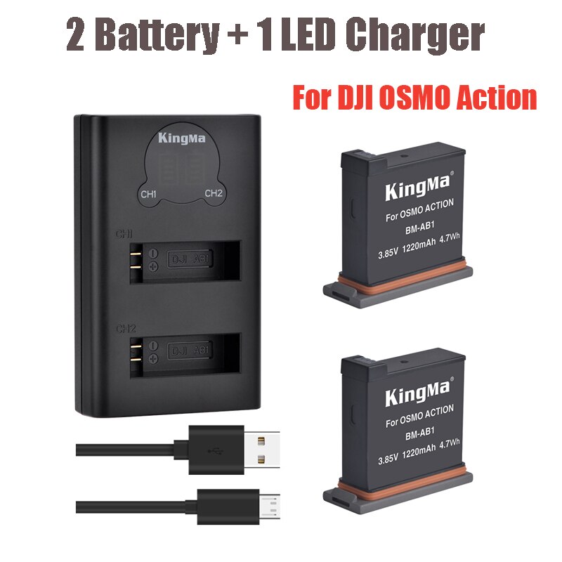 2 stuks 1220mAh batterij voor Dji Osmo Action + LCD display dual-port lithium batterij oplader voor DJI action Sport Camera Accessoires