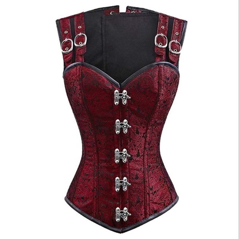 Gothic Steampunk Costume Waist Trainer Underbust Waist Cincher Claret Black Jacquard Top Bustier Corsets For Women Plus Size 2XL: Red / XL