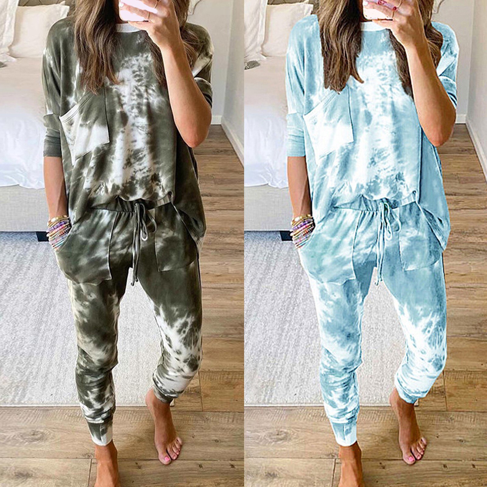 Vrouwen Pyjama Tie-Geverfd Gedrukt Sportkleding Pak Casual Homewear Set Lange Mouw Sweater Broek Vrouwelijke Kleding