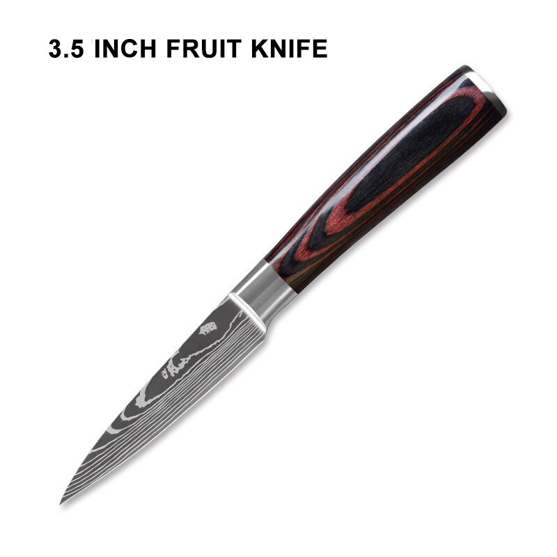 IWELAI Kitchen Knife Set Home Cook Knife Japanese 7CR17 440C Imitation Damascus Pattern Knife Nine-Piece Knife: 3.5inch fruit knife