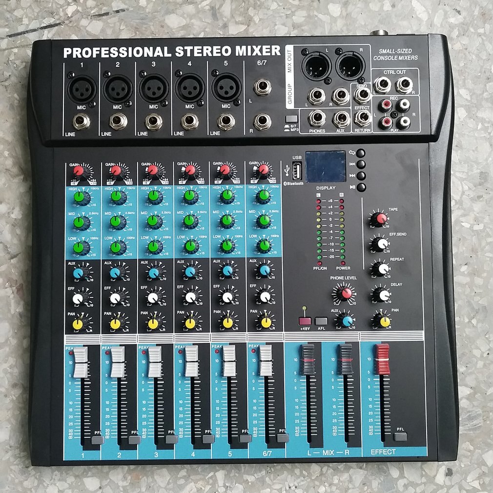 CT6 6 Channel Stereo Mixer Live Audio Sound Console Vocal Effect Processor with 4-CH Mono & 2-CH Stereo Input