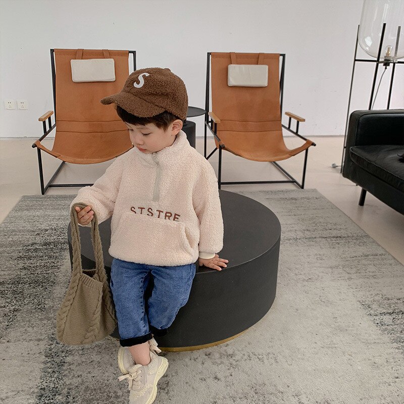Peuter Kids Dikker Warme Pluche Jas Herfst Winter Jongens Losse Trui Mode Fleece Trui Voor Baby Jongens: Beige / 2T