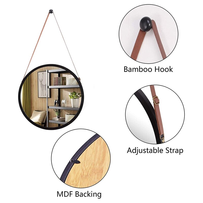Hængende rundt spejl i badeværelset og soveværelset - massiv bambusramme og justerbar læderrem (sort , 15 tommer)