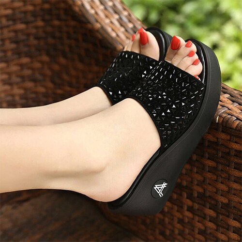 Zapatillas de mujer para el hogar informales para mujer, cuñas deslizantes de verano para mujer, calzado interior antideslizante de cristal liso, cómodas para mujer: 7.5