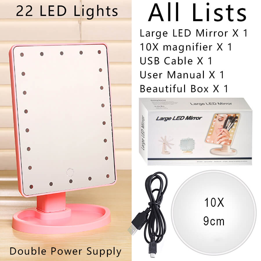 Led lys sminkespeil lampe 10x lupe batteri forfengelighet forstørrelsesglass sminke mini bad kosmetikk bad smart sugekopp: Stor 22 led rosa