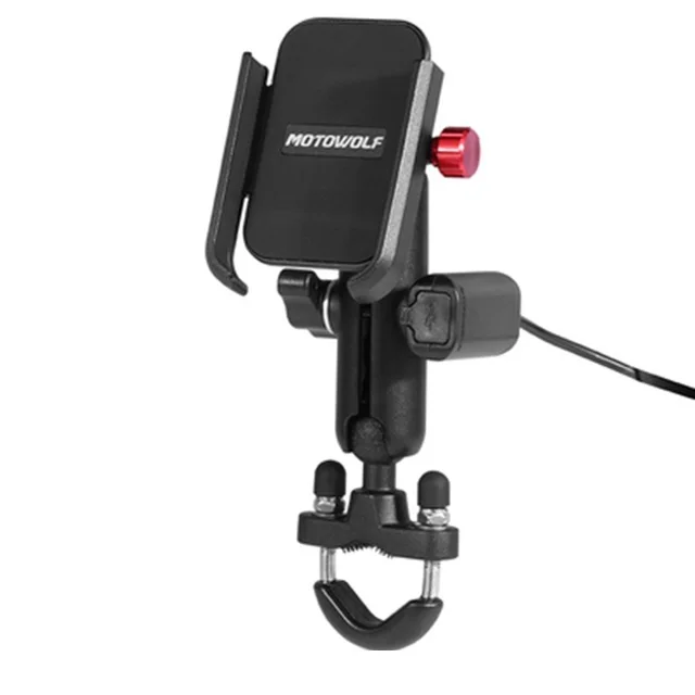 Universele 12-24V aluminium stuur motorfiets fiets mobiele houder met USB-oplader Moto achteruitkijkspiegel mobiele telefoon standhouder: Black