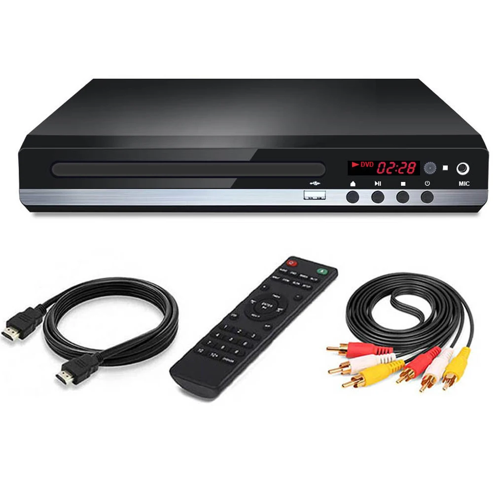 Hjemme-dvd-spiller, vcd, cd-plate, mediespiller, maskin med av-utgang, fjernkontroll, usb-mikrofon, full  hd 1080p hjemme-dvd-spiller, multimediaboks