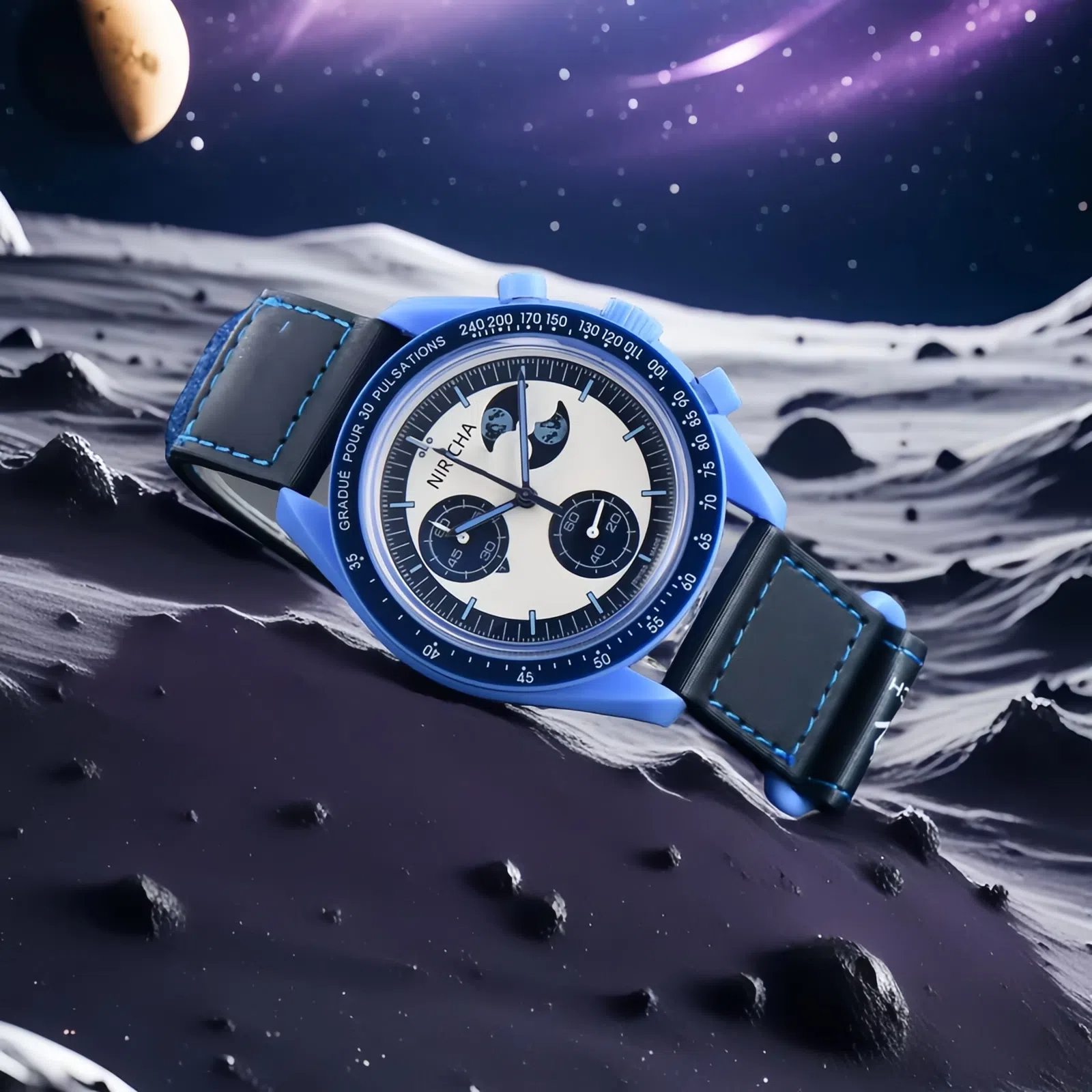 Men's popular watch, Moon Joint Space Moon Mission six hand chronograph watch, quartz women's watch, couple's watch: Blue