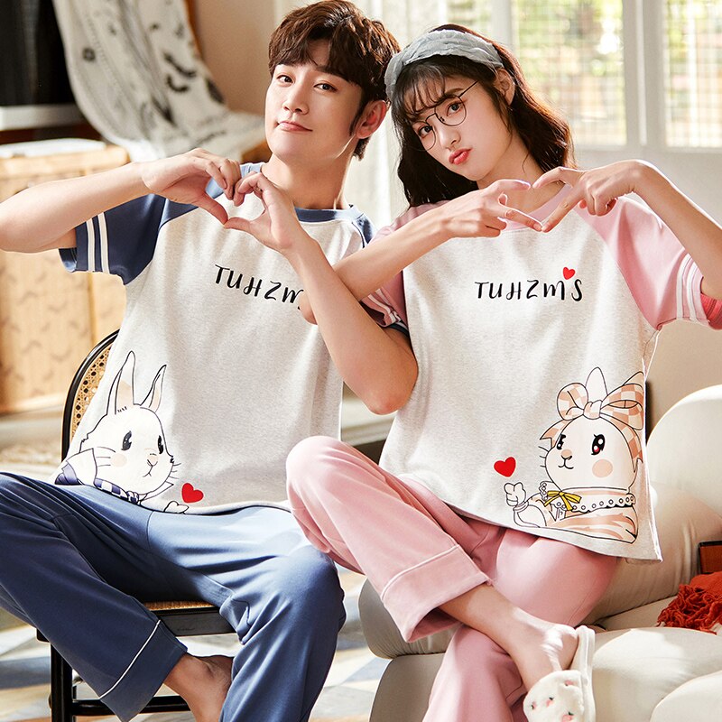 SONG Summer Autumn Couple Pajama Sets Combed Cotton Short Sleeve Casual Cartoon Home Suit Pyjamas 2 Pieces CP Match