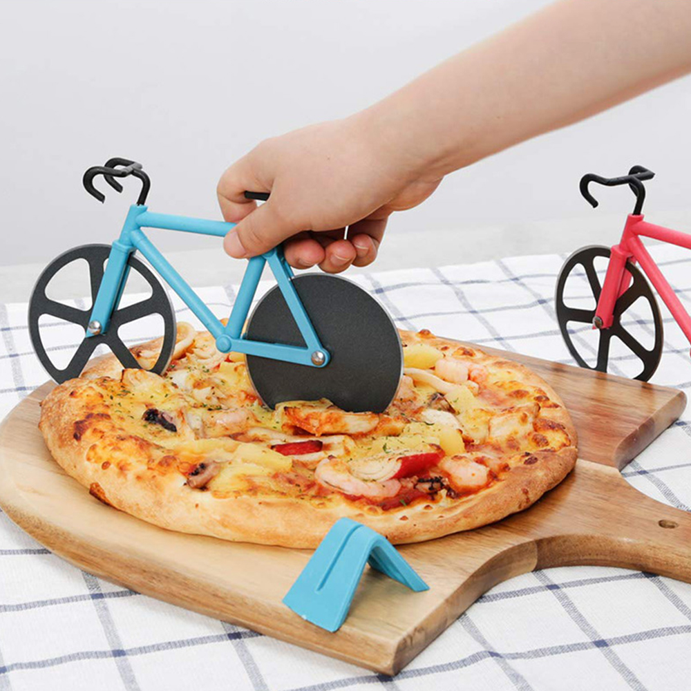 Bicycle Pizza Cutter Knives Stainless Steel Two-wheel Pizza Cutting Knife Non-stick Pizza Wheels Chopper Slicer with Holder