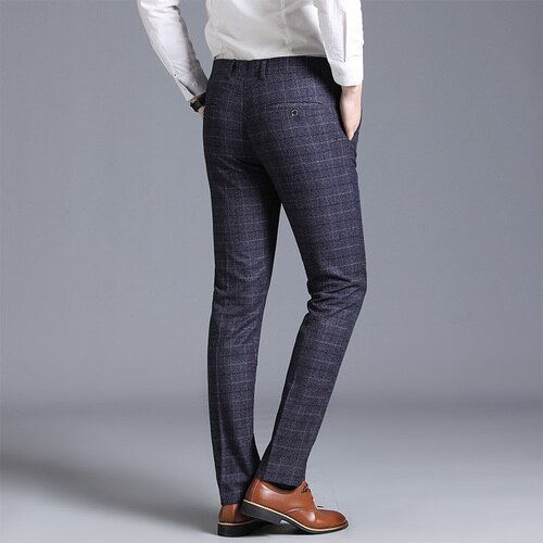 Business casual kostymbyxor för män randiga rutiga byxor maringrå byxor herr storlek 29-38: Marin / 38