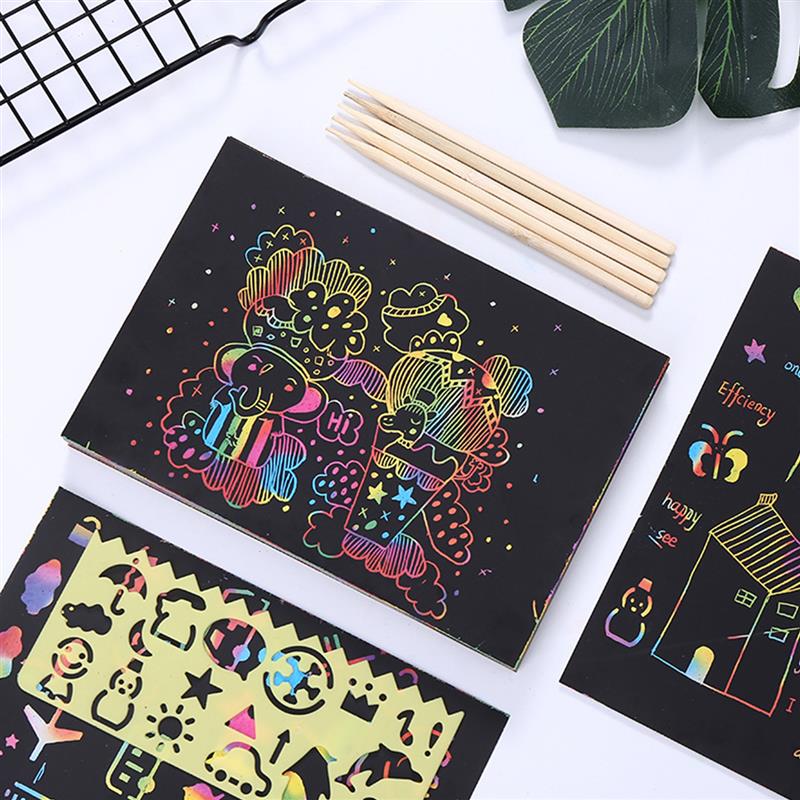 1Set Scratch Tool Set with Bamboo Sticks Scraper Repair Scratch Pen Black Brush For Kids Children Scratch Painting