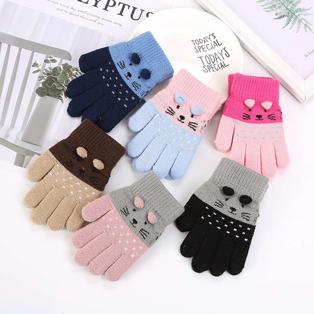 3-7Jahre freundlicher Winter Katze Druck Handschuhe freundlicher freundlicher Jungen Mädchen Winter Niedlichen Karikatur Ebene Warme Gestrickte Handschuhe Перчатки Хлопковые