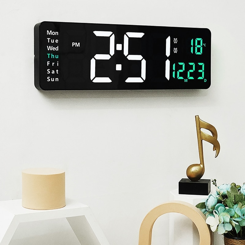 Electronic Wall Clock Temp Date Power Off Memory Table Clock Living Room Digital Clock Dual Alarms LED Clocks Remote Control