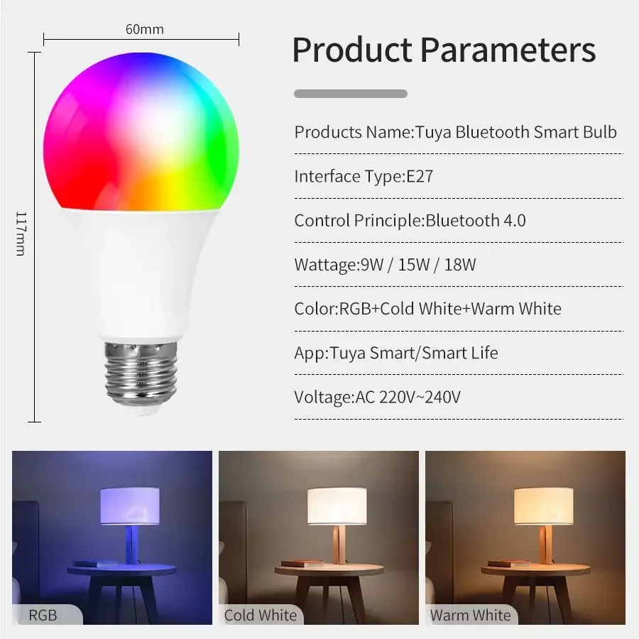 Ampoule LED intelligente E27 Bluetooth 220V 9W 15W 18W, lampe Tuya, application Smart Life, prise en charge RF 2.4GHz, contrôle de groupe à distance, décoration de chambre à coucher et de maison
