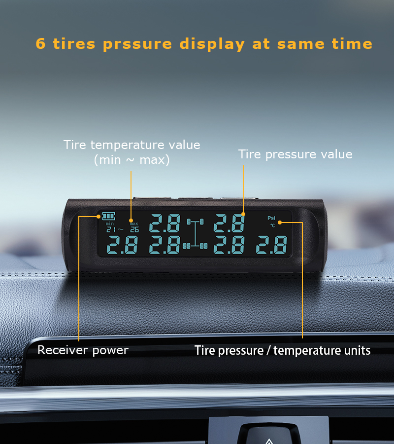 "bandenspanningscontrolesysteem (tpms) voor voertuigen met zes bandenspanningssensoren, draadloze externe sensor voor campers en vrachtwagens"