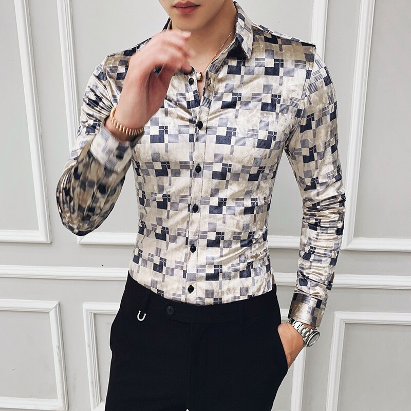 Ternet fløjlsskjorter plaid camisa hombre slim fit mænd street wear retro herre casual skjorter bomuld business kontor skjorte