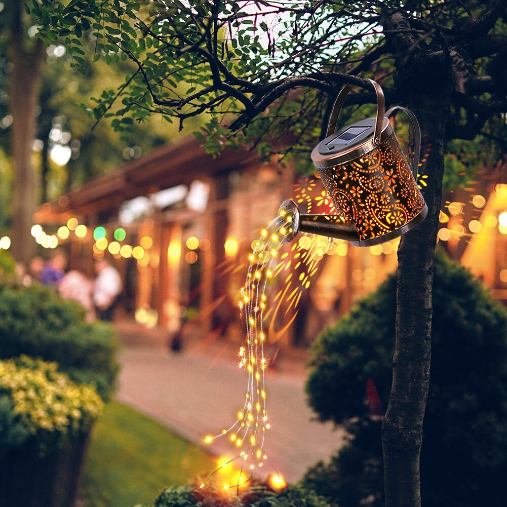 Regadera Solar para exteriores, lámpara de adorno de arte para jardín, decoración de luces LED de ducha de hierro ahuecadas, cadena de luces decorativas para jardín