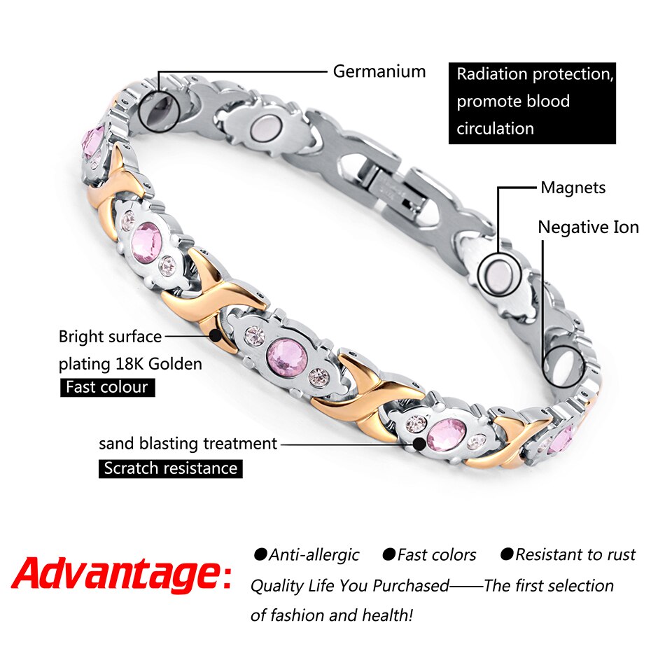 TF-235 Women Bracelet Stainless Steel Crystal Gem Germanium Bracelets Health Energy Popular Charm Jewelry for Lady