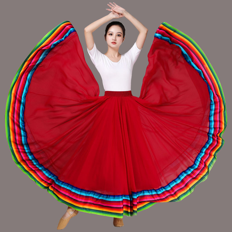 Ropa de calle, falda para actuación de baile, faldas de gasa para mujer, faldas largas de baile cuadradas con borde de arcoíris y cintura elástica de 720 grados: XL / Negro